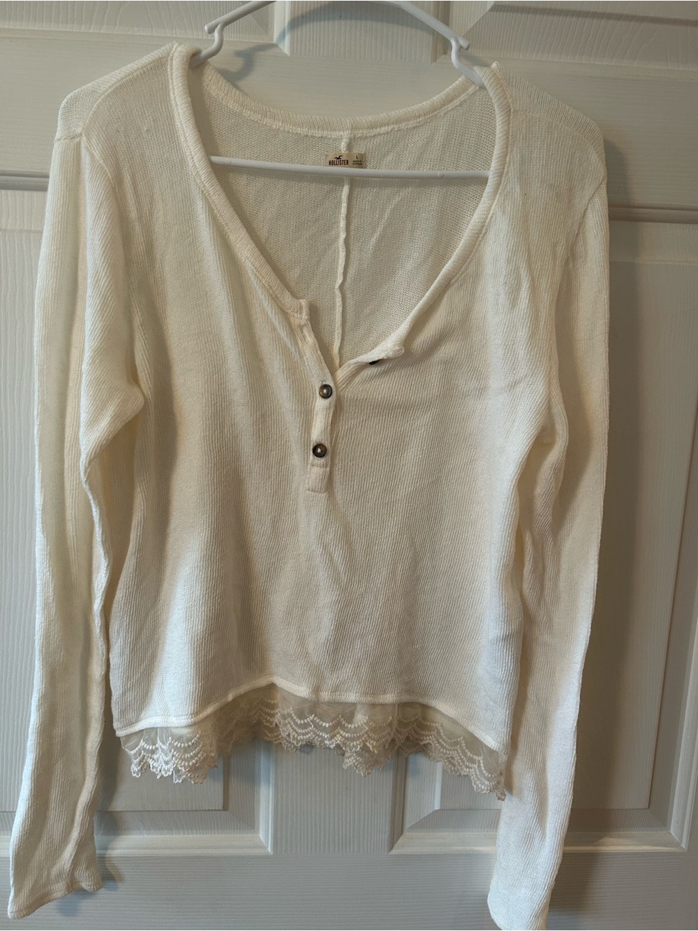 Hollister Cream Long Sleeve Henley with Lace Hem